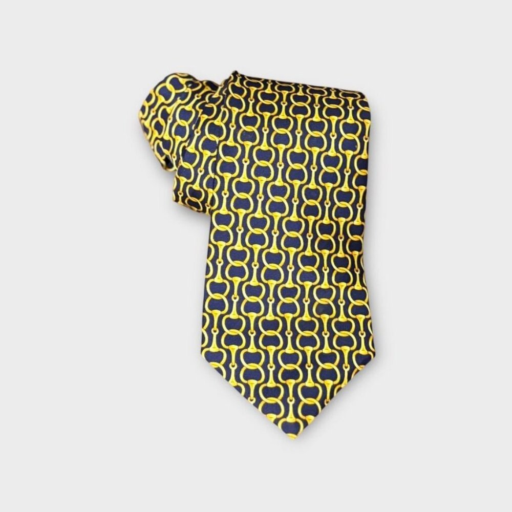 Burberry Horsebit Tie Navy Blue Yellow Silk Classic Preppy Authentic Necktie EUC